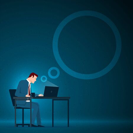 Business concept illustration. Businessman sitting and working with laptop. Elements are layered separately in vector file.のイラスト素材