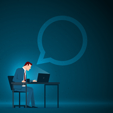 Business concept illustration. Businessman sitting and working with laptop. Elements are layered separately in vector file.のイラスト素材