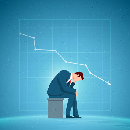 Business concept illustration. Sitting sad businessman. Falling chart on the blue background. Elements are layered separately in vector file.のイラスト素材