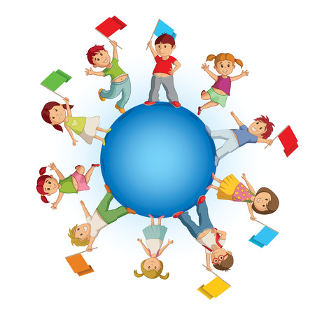 Vector concept illustration of children on the world with colorful flags.のイラスト素材