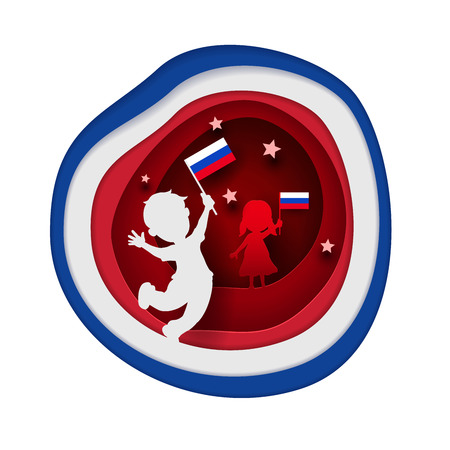 Little Russian children holding Russia flag. Paper cutting art style vector illustration.のイラスト素材