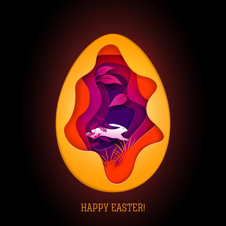 Happy Easter greeting card. Paper art style vector illustration. Elements are layered separately in vector file.のイラスト素材