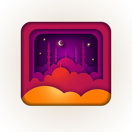 Islamic greeting card design. Ideal for Ramadan or Eid. Paper art style vector illustration. Elements are layered separately in vector file.のイラスト素材