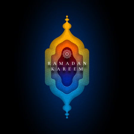 Islamic greeting card design for Ramadan. Paper art style vector illustration. Elements are layered separately in vector file.のイラスト素材