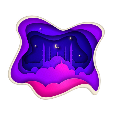 Islamic greeting card design. Ideal for Ramadan or Eid. Paper art style vector illustration. Elements are layered separately in vector file.のイラスト素材