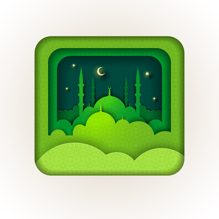 Islamic greeting card design. Ideal for Ramadan or Eid. Paper art style vector illustration. Elements are layered separately in vector file.のイラスト素材