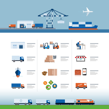 Shipping, air transport, trucks, trains; sea freight, production, warehouse, selling and delivery process vector illustration. Logistic delivery template.のイラスト素材