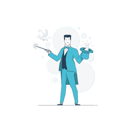 Concept vector illustration. Magician holding magic wand and hat. White rabbit in the hat. A white pigeon flying.のイラスト素材