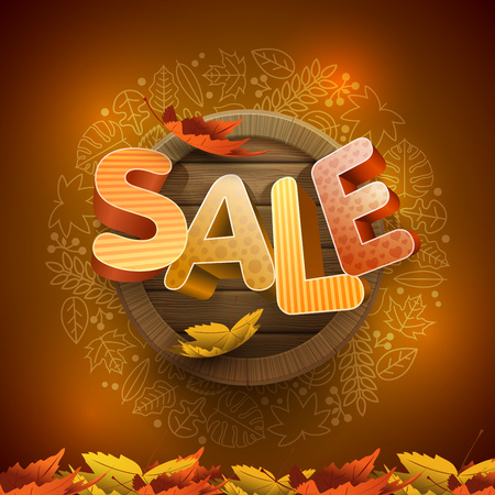 Vector 3d autumn sale design with wood background and leaf icon frame.のイラスト素材