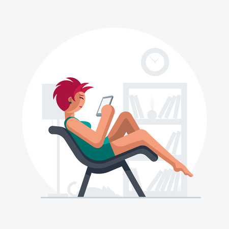 Trendy young red short hair girl using smart phone and take selfie.  Elements are layered separately in vector file.のイラスト素材