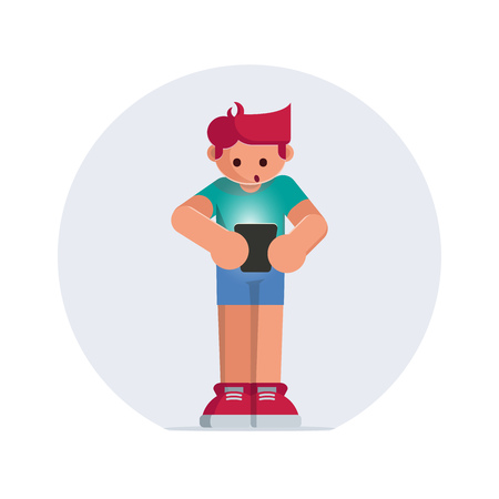 Red haired boy holding a tablet computer. Vector character illustration.のイラスト素材
