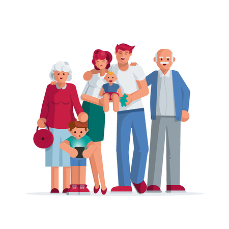 Happy big family portrait. Grandmother, grandfather, mother, father son and daughter together. Elements are layered separately. Isolated on white background.のイラスト素材