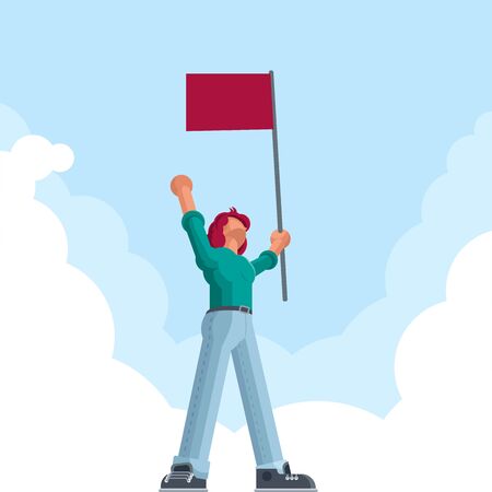 Successful man standing and holding a red flag and celebrating his victory.のイラスト素材