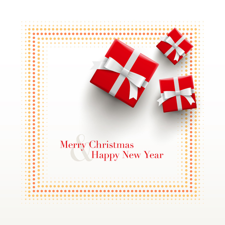 Merry Christmas and Happy New Year Card design. Red gift boxes with dotted frame on white background.のイラスト素材