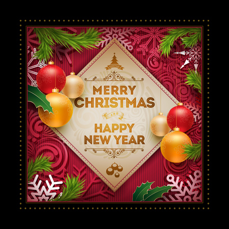 Vector Christmas and new year wishes on greeting card. Christmas related ornaments objects  background. Elements are layered separately in vector file.のイラスト素材
