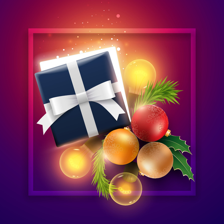 Christmas decoration objects, half open Christmas gift box with magical lights. Surprise Christmas concept.のイラスト素材
