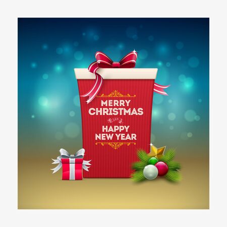 Christmas gift box greeting card design. Merry Christmas and Happy New Year text on the box. Layered vector illustration.の写真素材