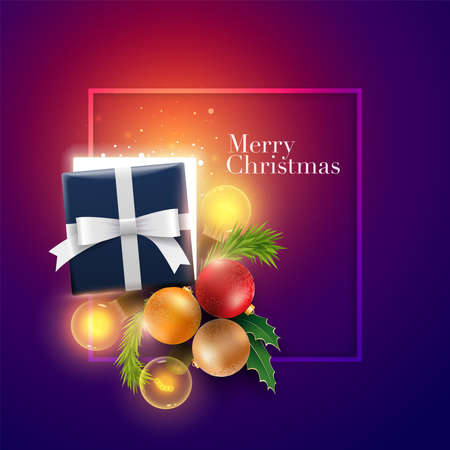Christmas decoration objects, half open Christmas gift box with magical lights and Merry Christmas and Happy New Year text. Surprise concept. Ideal for banner, greeting card, poster or social media posts.の写真素材