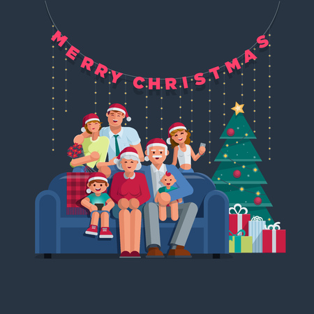 The whole family is together at Christmas. Grandmother, grandfather, mother, father son and daughter together. Elements are layered separately. Isolated on white background.のイラスト素材