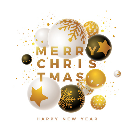 Abstract Christmas and new year greeting card design with 3d white, black and gold Christmas balls . Elements are layered separately in vector file.のイラスト素材