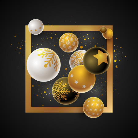 Abstract Christmas and new year greeting card design with 3d white, black and gold Christmas balls . Elements are layered separately in vector file.のイラスト素材