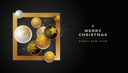 Abstract Christmas and new year greeting card design with 3d white, black and gold Christmas balls . Elements are layered separately in vector file.のイラスト素材