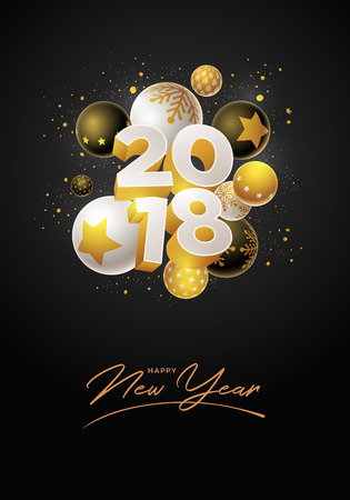 Abstract 2018 new year greeting card design with 3d white, black and gold Christmas balls. Elements are layered separately in vector file.のイラスト素材