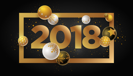 Abstract 2018 new year greeting card design with 3d white, black and gold Christmas balls. Elements are layered separately in vector file.のイラスト素材