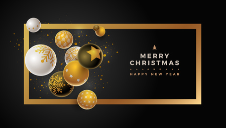 Abstract Christmas and new year greeting card design with 3d white, black and gold Christmas balls . Elements are layered separately in vector file.のイラスト素材