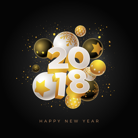 Abstract 2018 new year greeting card design with 3d white, black and gold Christmas balls. Elements are layered separately in vector file.のイラスト素材