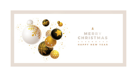 Abstract Christmas and new year greeting card design with 3d white, black and gold Christmas balls . Elements are layered separately in vector file.のイラスト素材