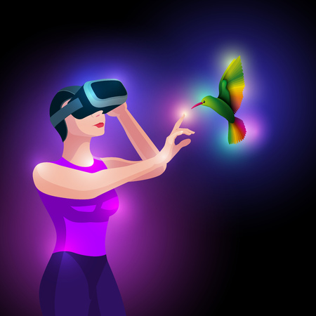 Woman experiencing virtual reality and touching virtual bird. Vector illustration.のイラスト素材
