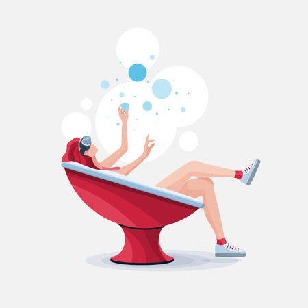 Pretty beautiful girl wearing virtual reality (VR) goggles device lying down in modern semi round chair and using hands touching simulation screen.のイラスト素材