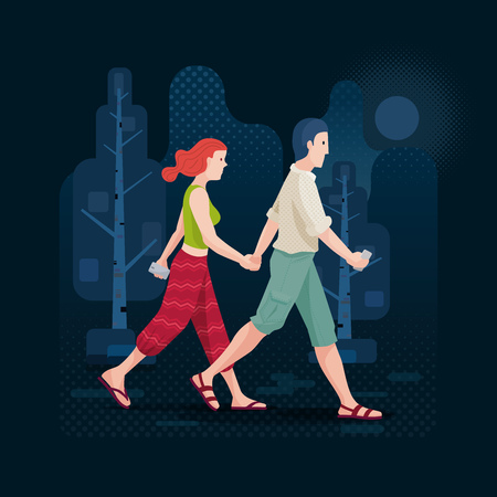 Young couple in love holding hands and walking in the park or forest. Vector illustration. Elements are layered separately in vector file. CMYK colors.のイラスト素材