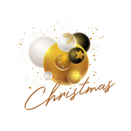 Abstract Christmas and new year greeting card design with 3d white, black and gold Christmas balls . Elements are layered separately in vector file.のイラスト素材