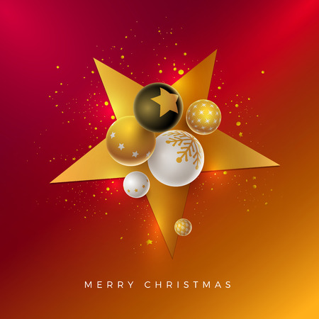 Vector Christmas and new year greeting card design with 3d white, black and gold Christmas balls . Elements are layered separately in vector file.のイラスト素材