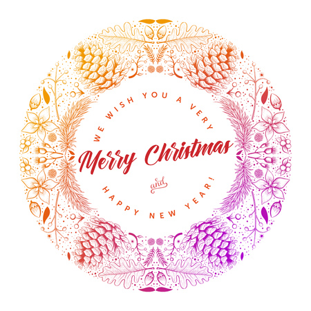 Vector round Christmas frame with hand drawn natural winter elements. Christmas greeting card design.のイラスト素材