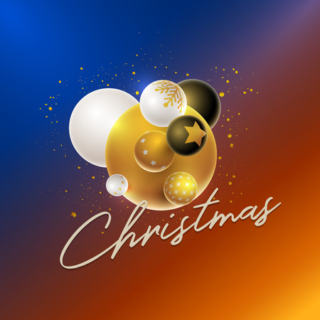 Vector Christmas and new year greeting card design with 3d white, black and gold Christmas balls . Elements are layered separately in vector file.のイラスト素材