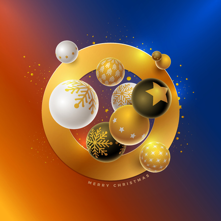 Vector Christmas and new year greeting card design with 3d white, black and gold Christmas balls . Elements are layered separately in vector file.のイラスト素材