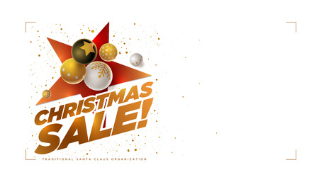 Vector Christmas Sale poster design template with 3d white, black and gold Christmas balls. White background. Horizontal composition with copy space. Elements are layered separately in vector file. のイラスト素材