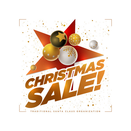 Vector Christmas Sale poster design template with 3d white, black and gold Christmas balls. White background. Elements are layered separately in vector file. のイラスト素材