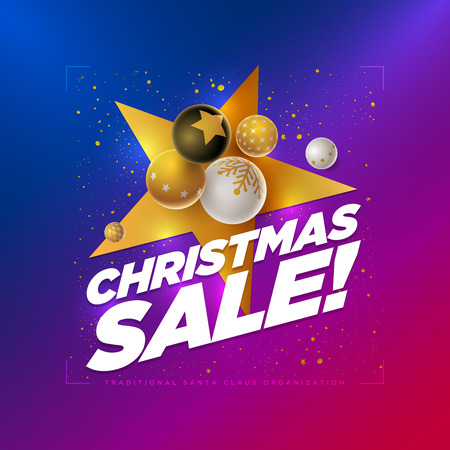 Vector Christmas Sale poster design template with 3d white, black and gold Christmas balls. Blue to red neon color gradient background. Elements are layered separately in vector file. のイラスト素材
