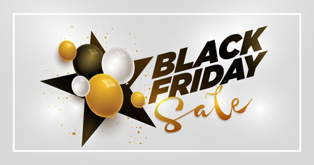 Vector Black Friday Sale poster design with star shape and 3d white, black and gold balloons. Elements are layered separately in vector file.のイラスト素材