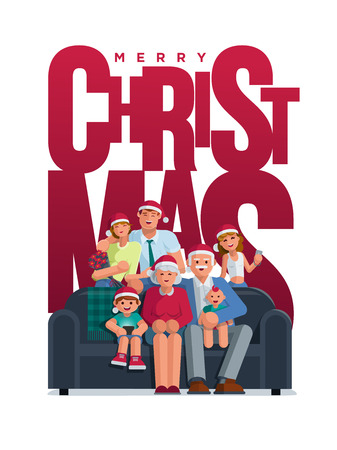 The whole family is together at Christmas. Grandmother, grandfather, mother, father son and daughter together. Poster  design. Elements are layered separately. Isolated on white background.のイラスト素材