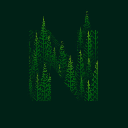 Vector N letter with pine tree forest illustration for Happy New Year. Abstract vector pattern.のイラスト素材