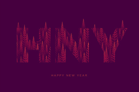 Vector HNY letters with pine tree forest illustration for Happy New Year. Abstract vector pattern.のイラスト素材