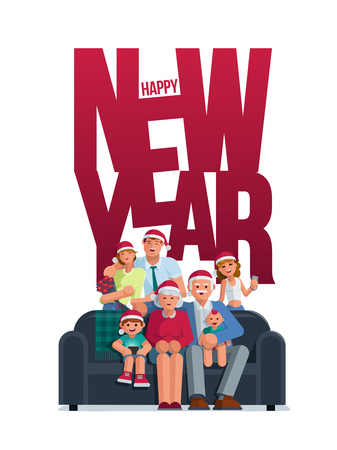 The whole family together in the new year. Grandmother, grandfather, mother, father son and daughter together. Poster design. Elements are layered separately. Isolated on white background.のイラスト素材