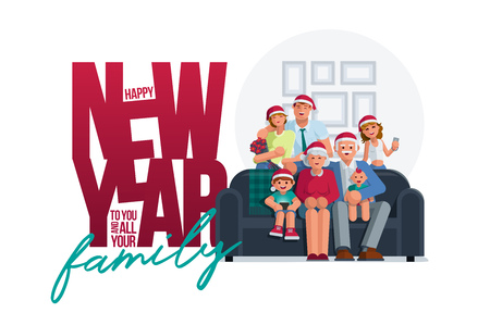 The whole family together in the new year. Grandmother, grandfather, mother, father son and daughter together. Poster design. Elements are layered separately. Isolated on white background.のイラスト素材