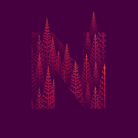 Vector N letter with pine tree forest illustration for Happy New Year. Abstract vector pattern.のイラスト素材