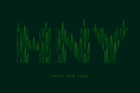Vector H, N, Y letters with pine tree forest illustration for Happy New Year. Abstract vector pattern.のイラスト素材
